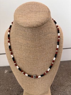 Brown, Black & White Beaded Necklace with Shell Charm
