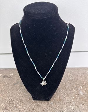 Blue and White Necklace with Turtle