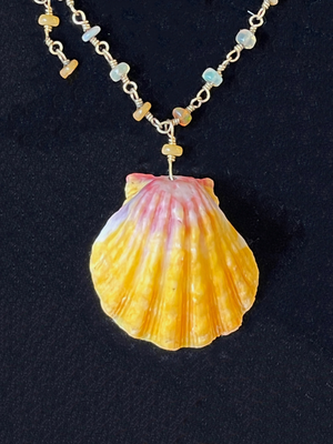 Rare Kuaui Sunrise Shell Necklace with Gold Fill Chain & Ethiopian Opals