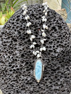 Larimar and sterling pendant on a rice pearl rosary chain