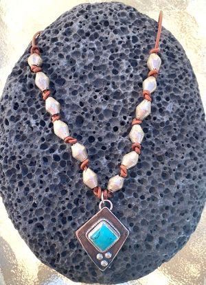 Sterling and turquoise pendant with bead from Africa and leather necklace