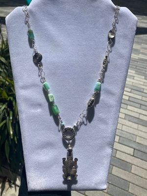 Opal with Sterling silver beads on silver chain with turtle