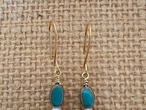 Turquoise and Pearls/Gold Bezel Earrings