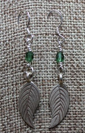 Silver Feather Charm & Green Crystal Earrings