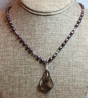 Black Pearl Necklace with Silver-fill Wrapped Abalone Pendant