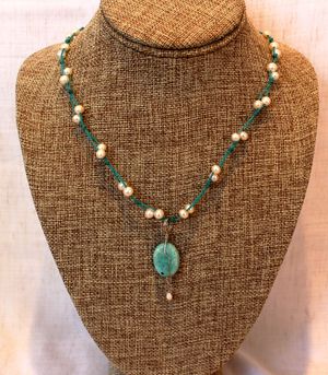 White Pearl Necklace with Silver filled wrapped amazonite pendant