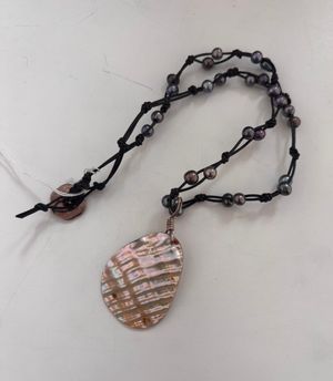 Knotted Black Pearl Necklace with Abalone Pendant