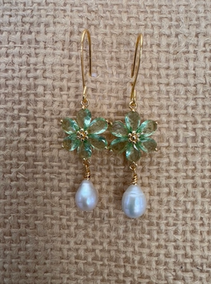 Green Glass Flowers and White Pearl Dangle Earrings