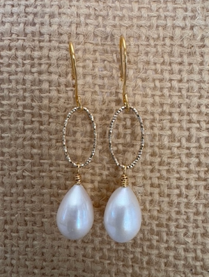 Gold Plated Oval with White Pearl Dangle Earrings