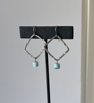 Fine Silver Square Hoop with Larimar Bead Earrings