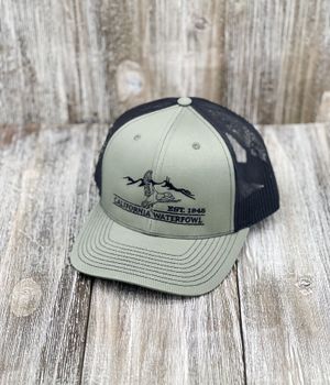 New mallard stitched olive front and black mesh back hat