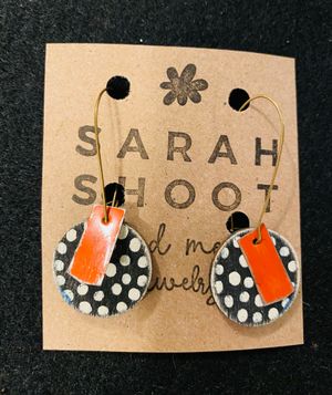 Wood polka dot orange earrings by Sarah Shoot