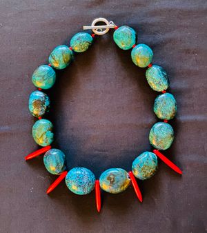 Teal Stones w/ Red Coral Necklace by Paula A