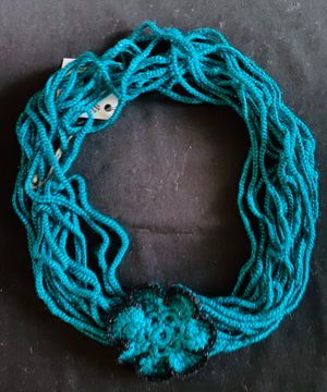 Teal Metallic Knit Necklace w/ Flower by Ahka P.