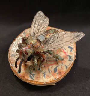 Wrapped Bee - Red Flowers on Floral Wooden Base by Stacy Slack