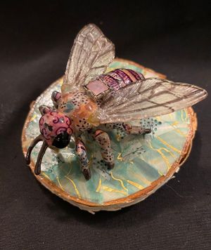 Wrapped Bee - Pink Flowers on Floral Wooden Base by Stacy Slack