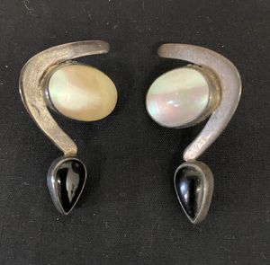 Vintage Silver/Pearl/Onyx Post Earrings