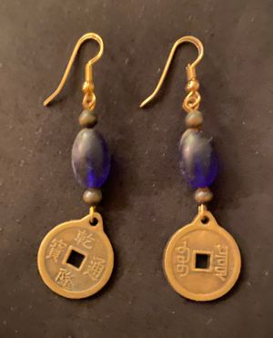 Vintage Chinese Coin/Cobalt Earrings