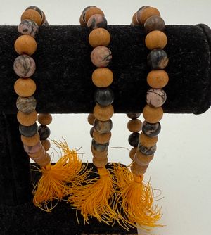 Dark Rhodonite & Sandalwood mala bracelet w/ yellow tassel