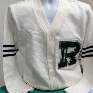 ***White Radford Sweater with Green "R" and green stripes on sleeve